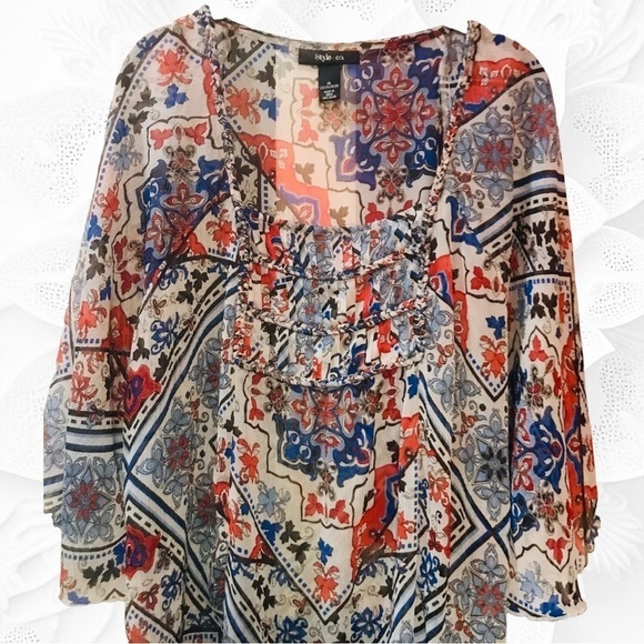 Style & Co. Colorful Flowy Semi-Sheer Tunic W/Wide Flowy Sleeves Size XL - Picture 2 of 5
